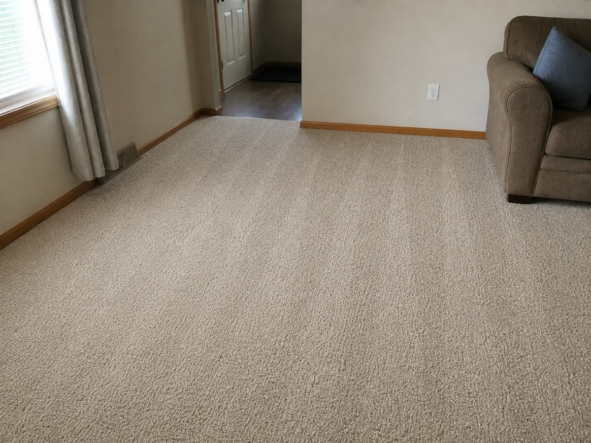 After: Living room carpet with a soiled traffic lane, then the same carpet after cleaning