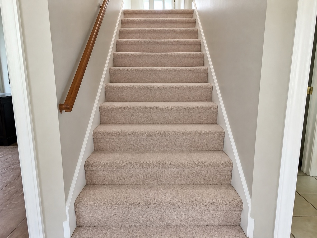 After: A carpeted staircase worn down the middle of each step, then the same stairs after cleaning