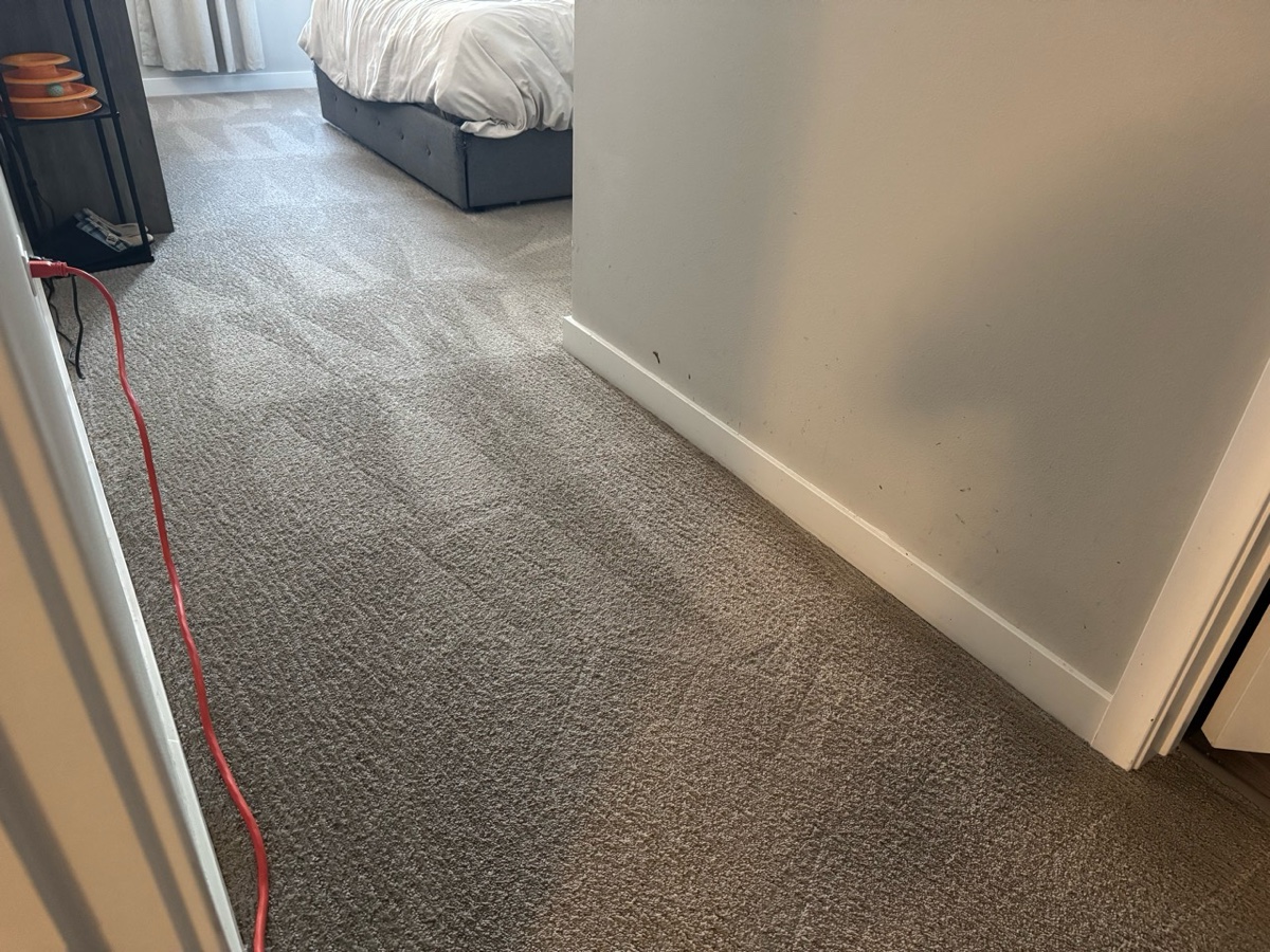 Finished primary bedroom carpet viewed from the doorway