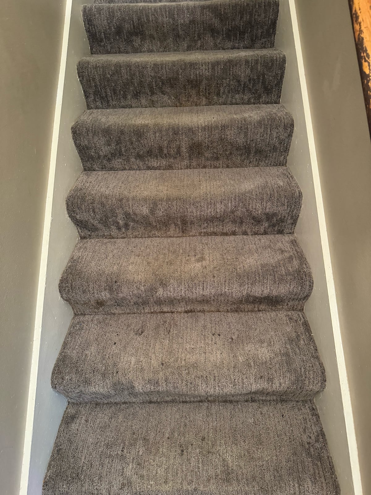 Before: Gray carpeted staircase with heavy traffic soil, then the same staircase after cleaning